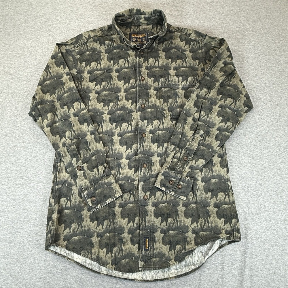 Woolrich Flannel Nature Print Bison Buffalo Western Shirt Green Mens Med